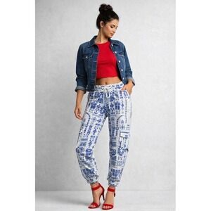 Johnny Was Sana Embroidered Cargo Jogger Pants Blue M